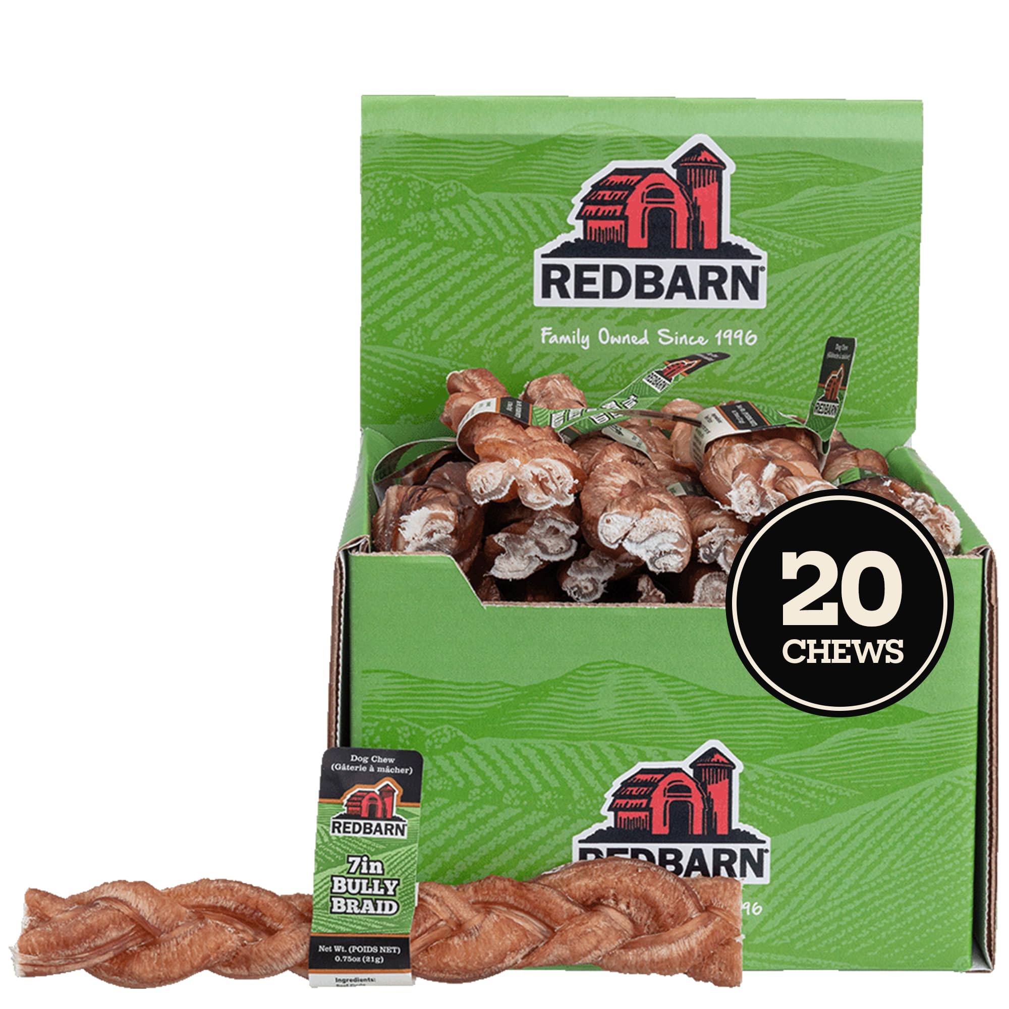 Redbarn 7-inch braided bully stick for dogs offers a long-lasting chew and dental action.