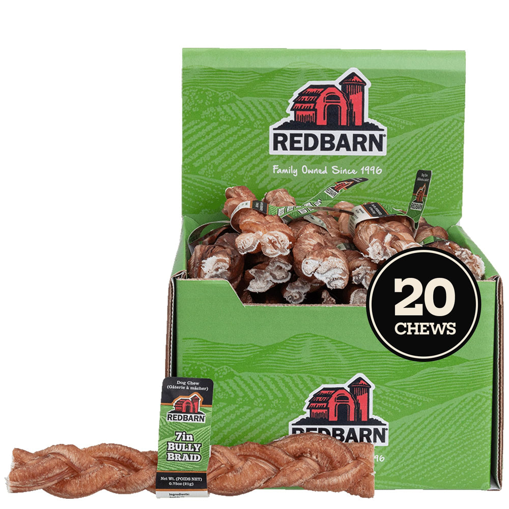 Redbarn 7-inch braided bully stick for dogs offers a long-lasting chew and dental action.