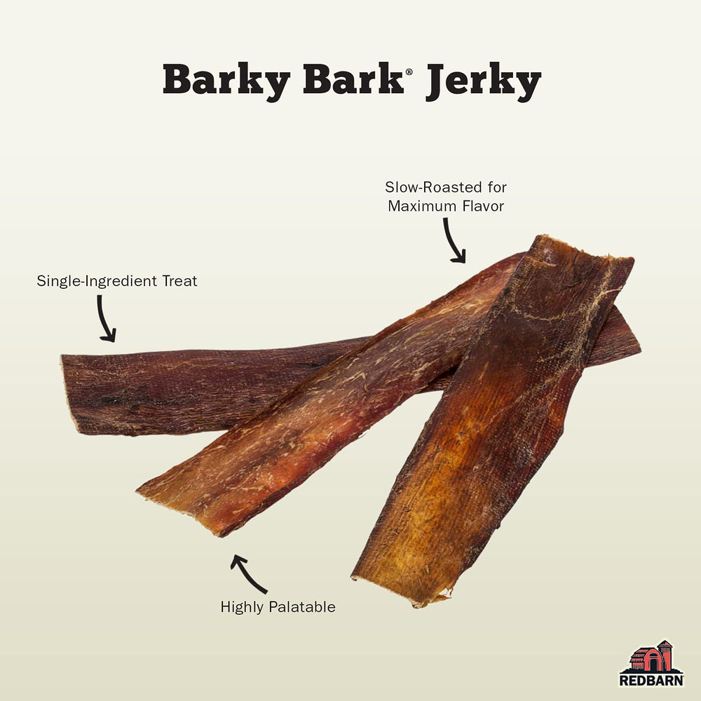 Front packaging of Redbarn Barky Bark showing grain-free and rawhide-free claims.