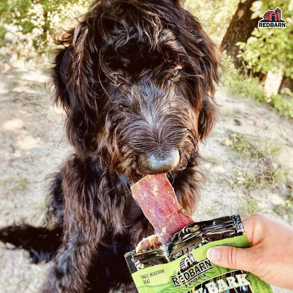 SQF-certified label on Redbarn Barky Bark jerky package.