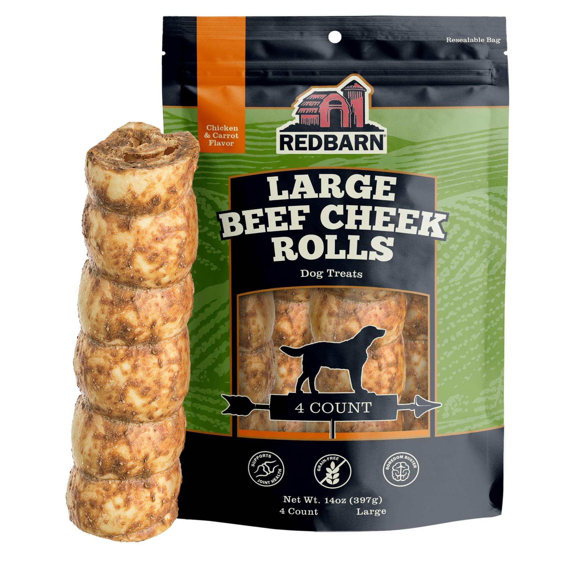 Redbarn Beef Cheek Rolls with chicken carrot glaze, long-lasting chew for dogs