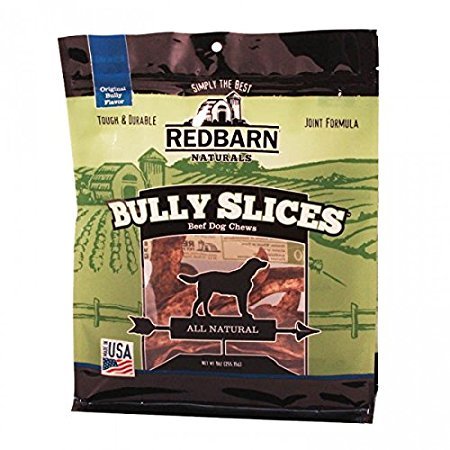 Redbarn Bully Slices closeup texture highlighting gravy-coated chew.