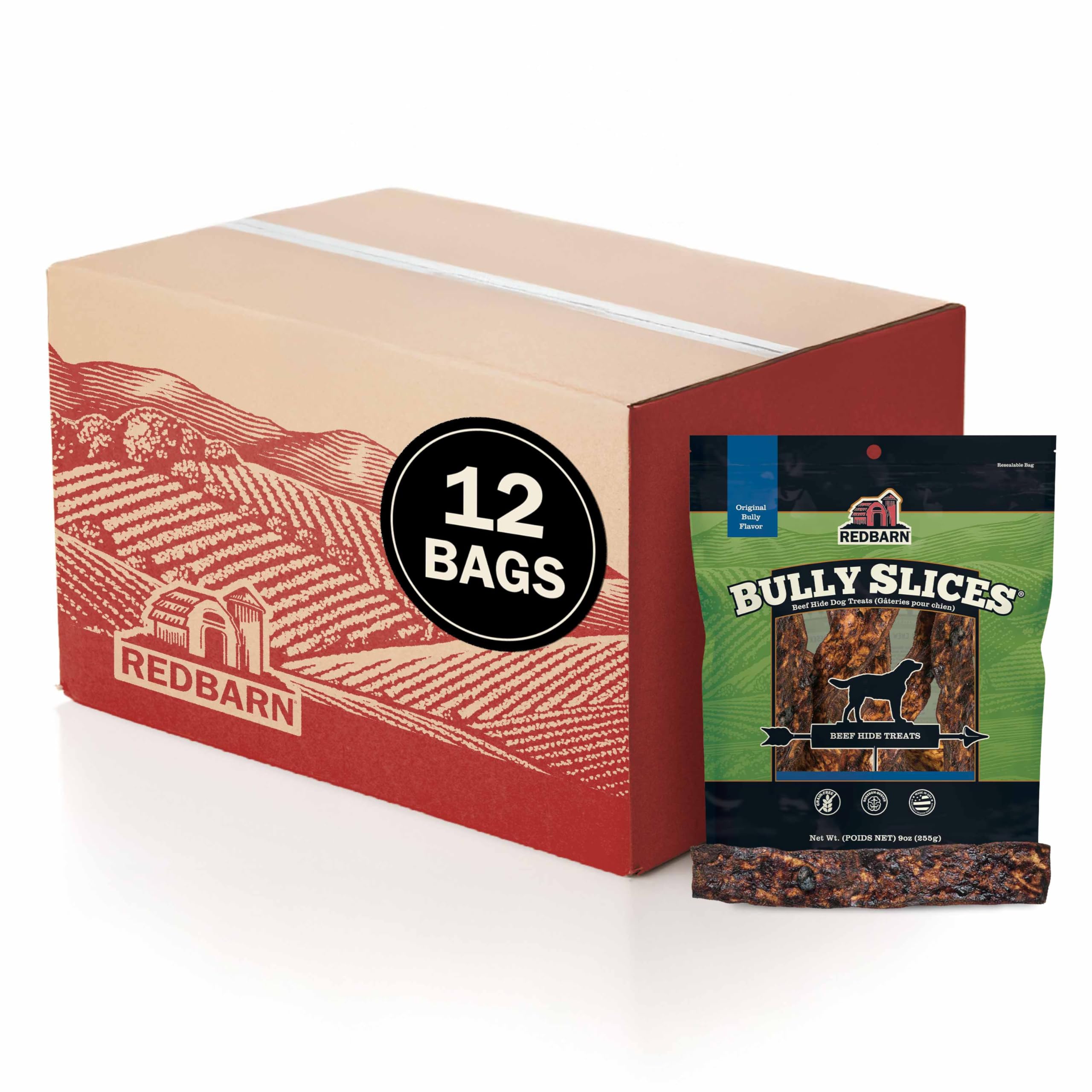 Redbarn Bully Slices original bag showing long-lasting dog chew for hours of play