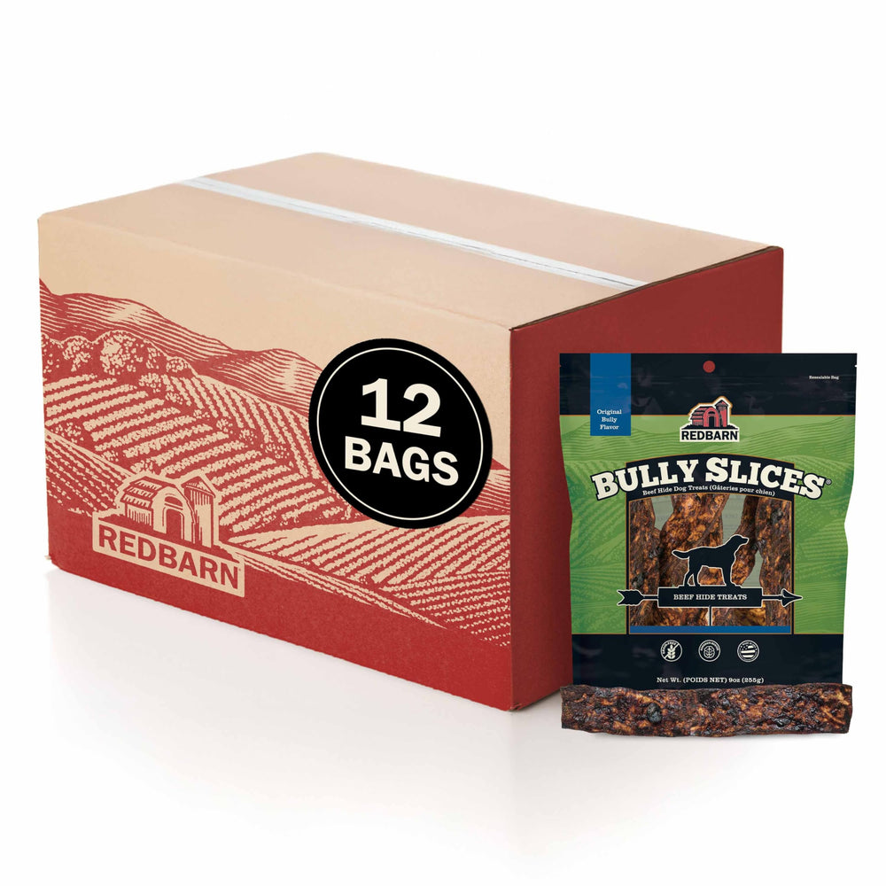 Redbarn Bully Slices original bag showing long-lasting dog chew for hours of play