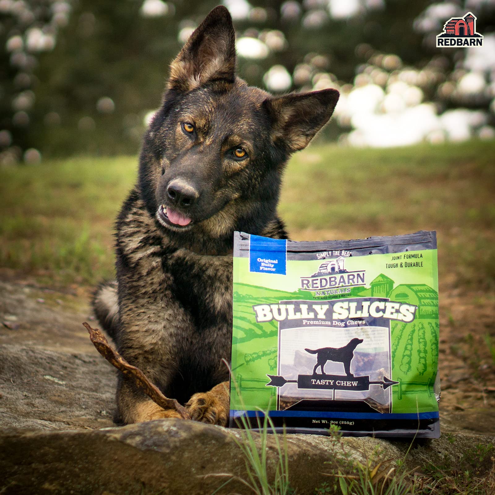 Redbarn Bully Slices USA-made with natural ingredients label.