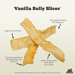 Redbarn Bully Slices Vanilla Dental Treat close-up with gravy coating offers tasty engagement for bored dogs.