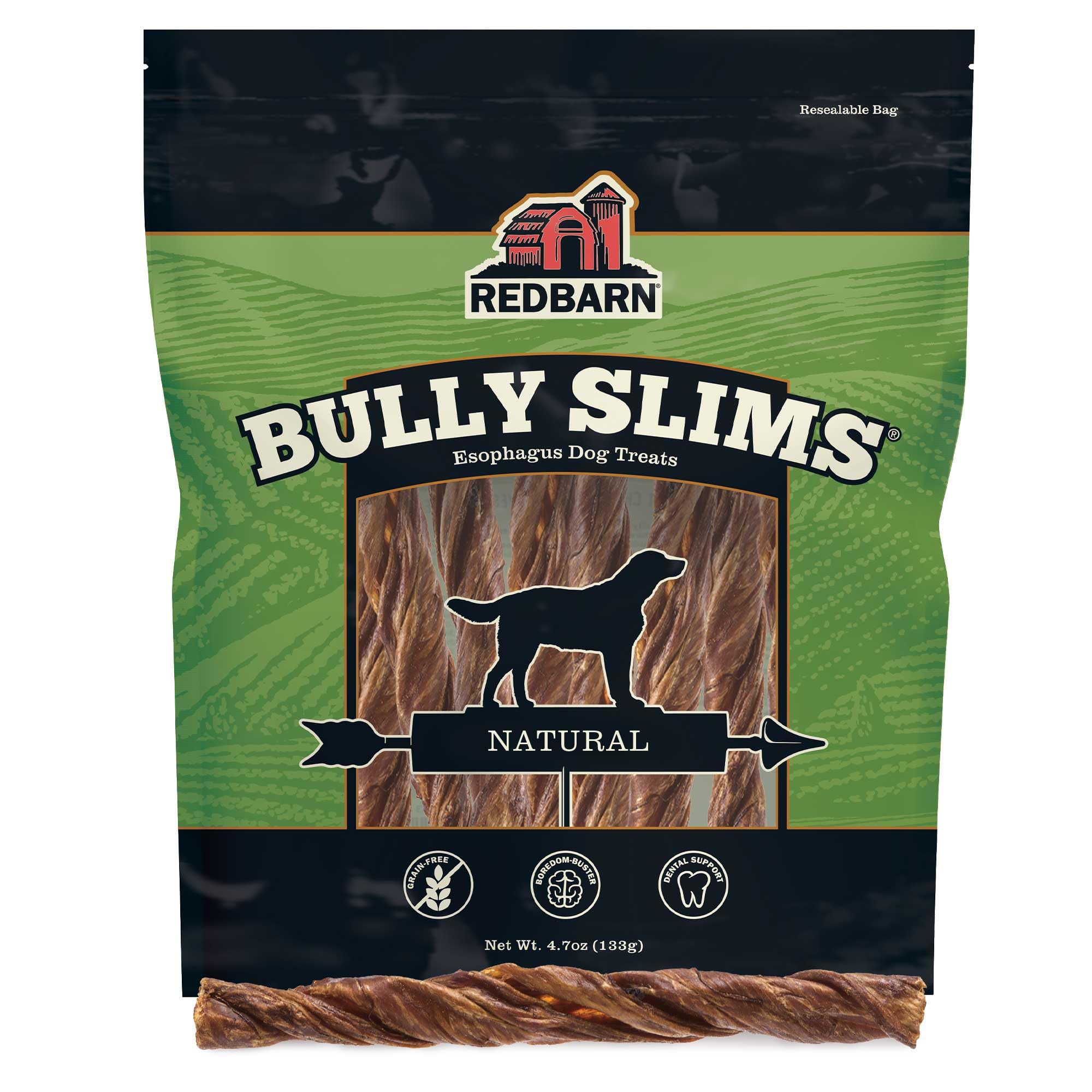 Redbarn Bully Slims beef esophagus bite shows natural protein chew for dogs.