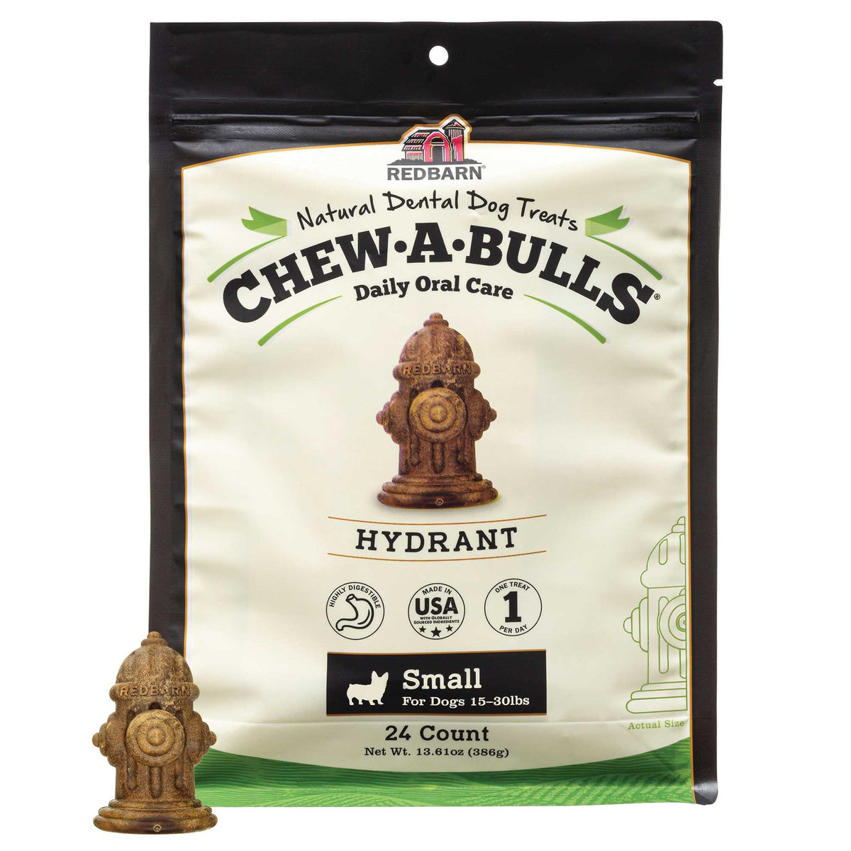 Redbarn Chew-A-Bulls hydrant shape chew supports daily oral care
