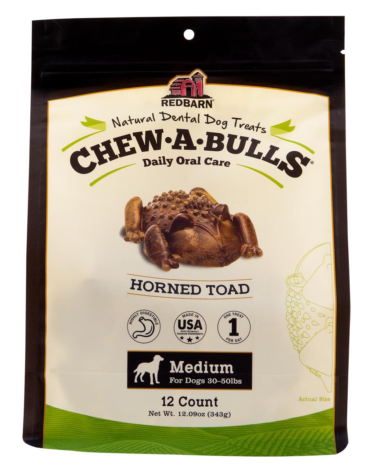 Redbarn Chew-A-Bulls medium toad-shape chew pack promotes daily oral care.