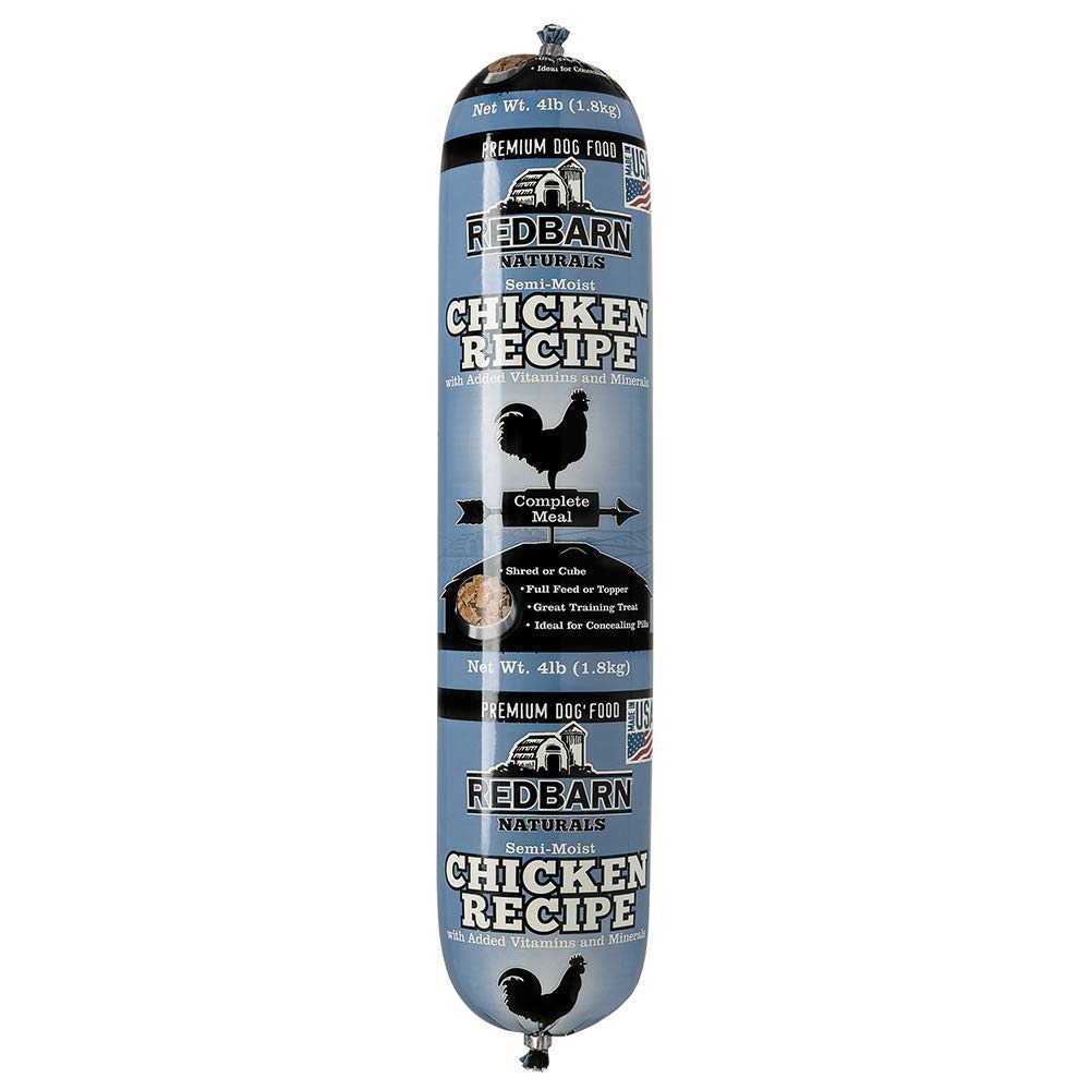 Redbarn Chicken Recipe Rolled Food bottle image highlighting shelf-stable, high-protein nutrition for dogs.