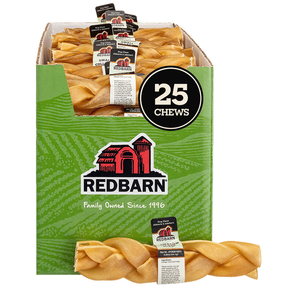 Redbarn Collagen Braid small pack 25 closeup of beefy aroma and natural ingredients.