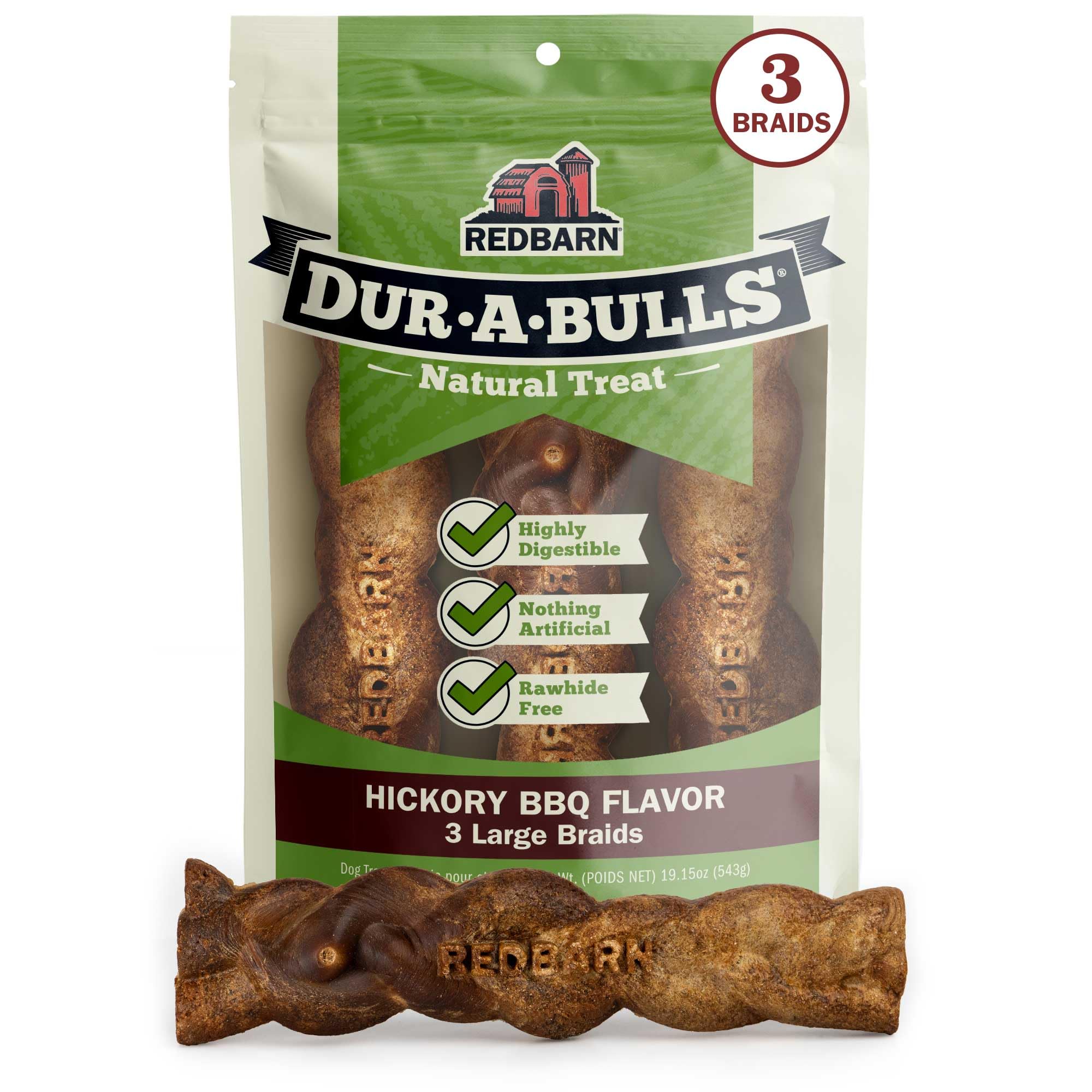 Redbarn Dur-A-Bulls 3 braids Hickory front view, long-lasting chew