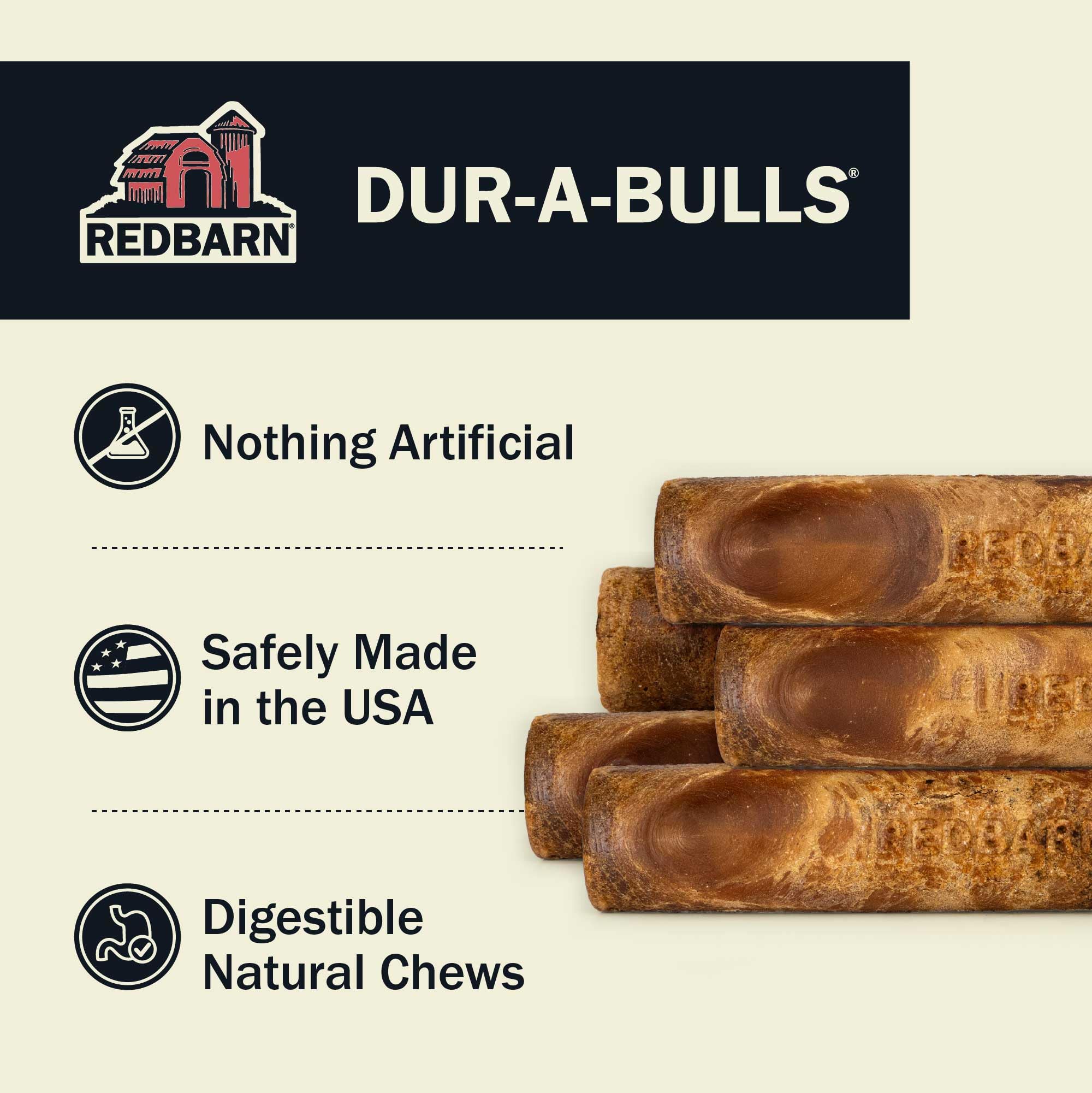 Redbarn Dur-A-Bulls Hickory Flavor chew stick close-up, 100% digestible dog chew.