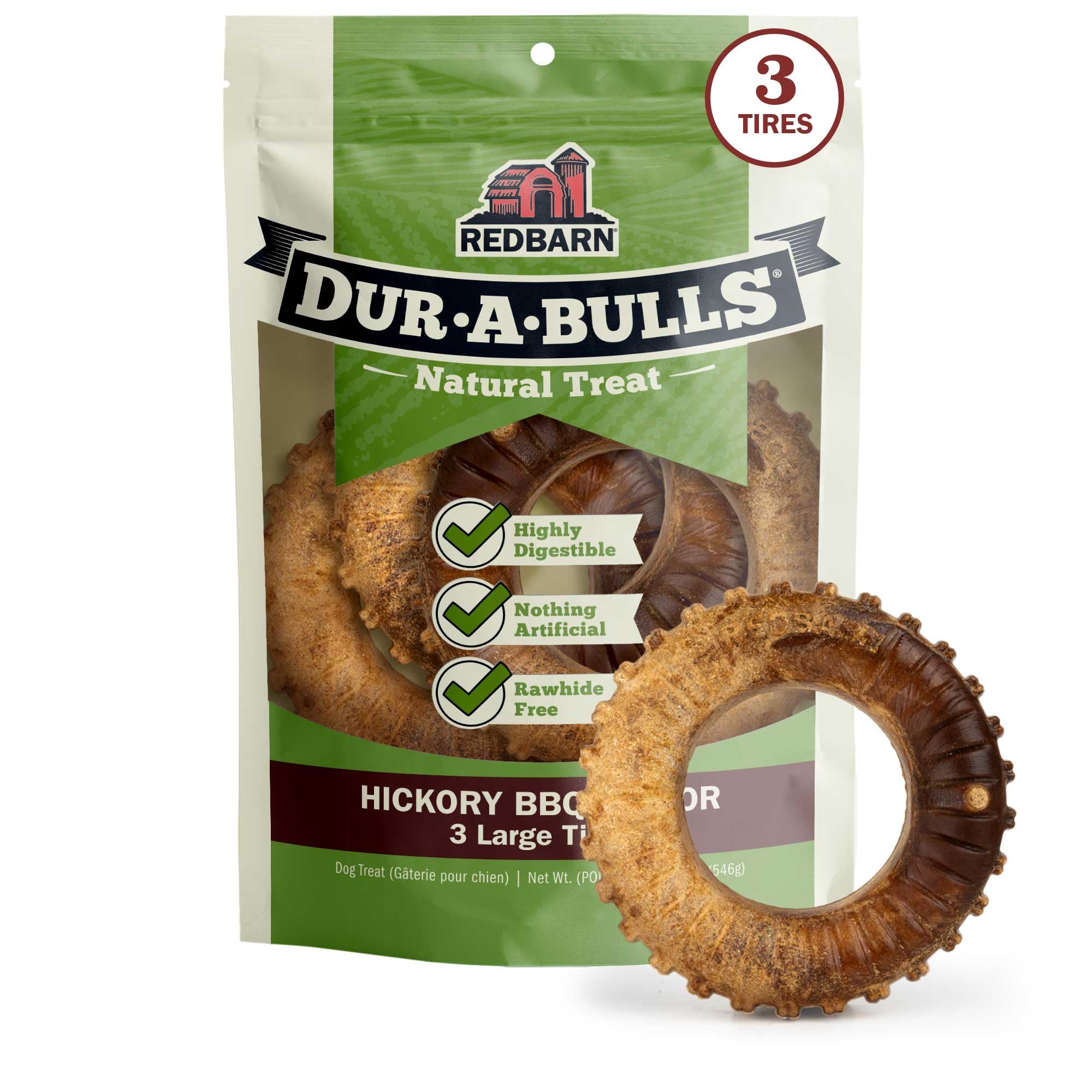 Redbarn Dur-a-Bulls three large tires with hickory flavor for lasting chewing