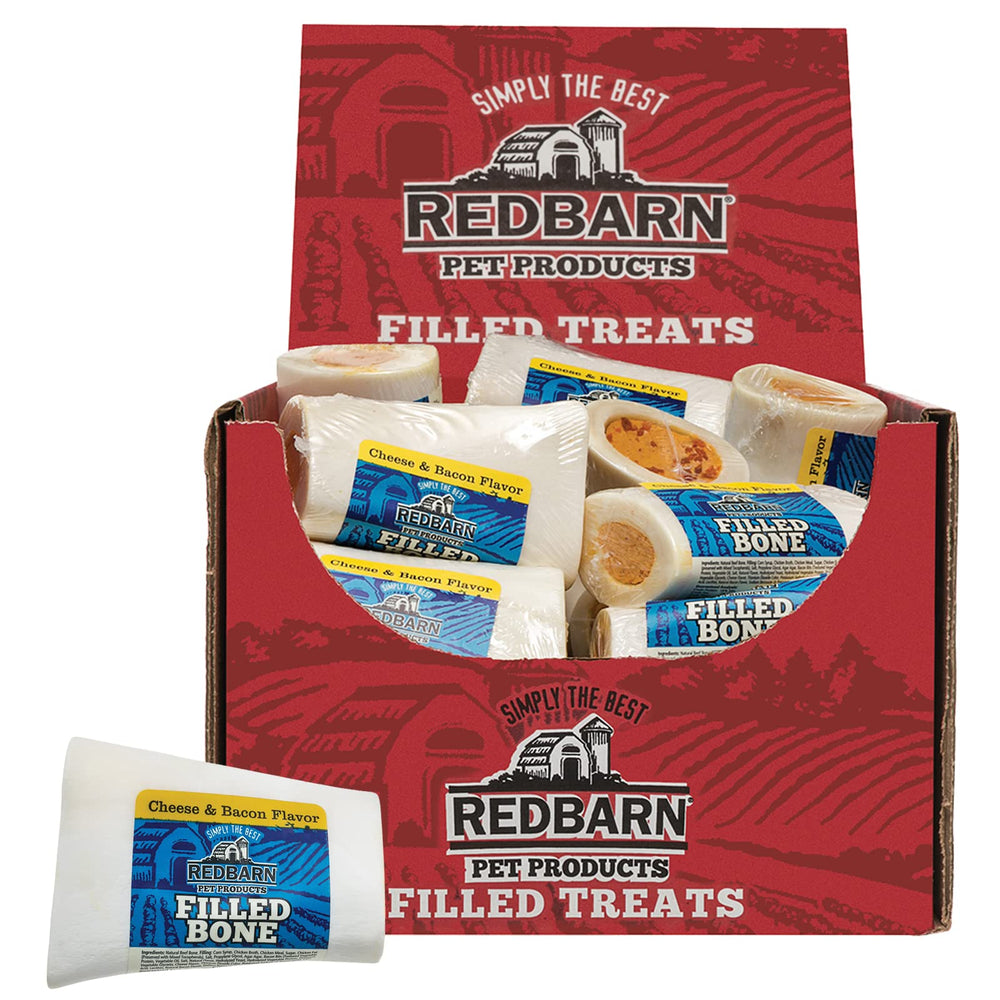 Redbarn Cheese N' Bacon filled dog bones in a 3-inch pack for aggressive chewers.