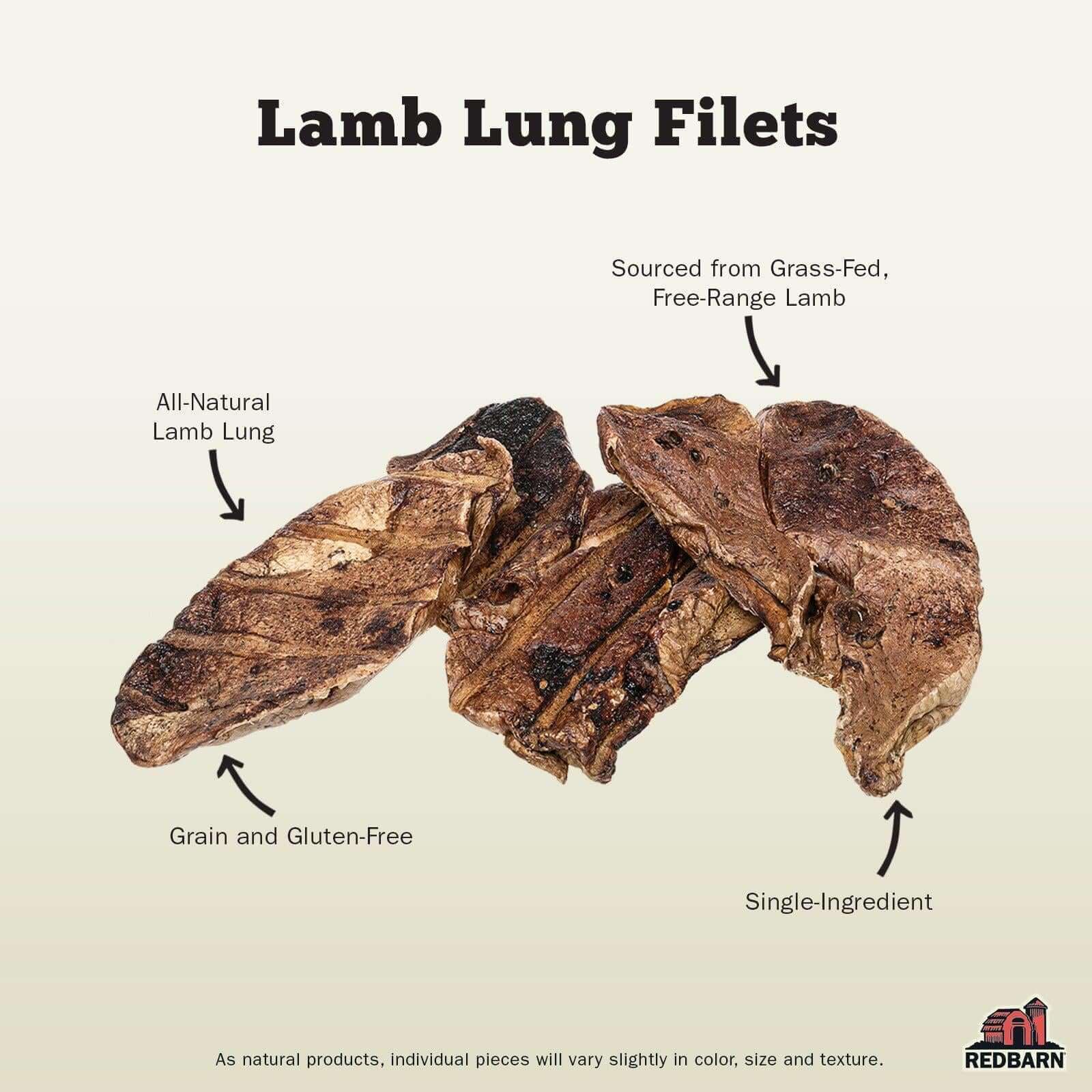 Redbarn Lamb Lung Filets single-ingredient protein, ideal for dogs avoiding chicken.