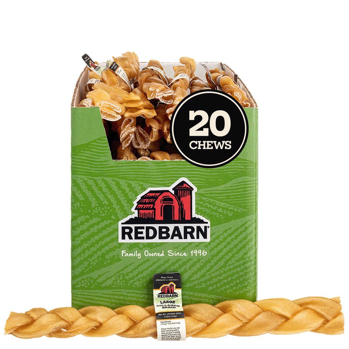 Redbarn Natural collagen braids packaging highlighting single-ingredient beef chew