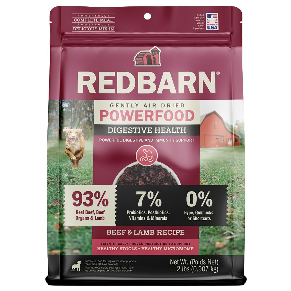 Redbarn Powerfood 2lb bag with USA-made label highlighting premium nutrition.