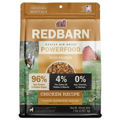 Redbarn Powerfood air-dried dog food with 96% chicken and organs for high-protein nutrition.