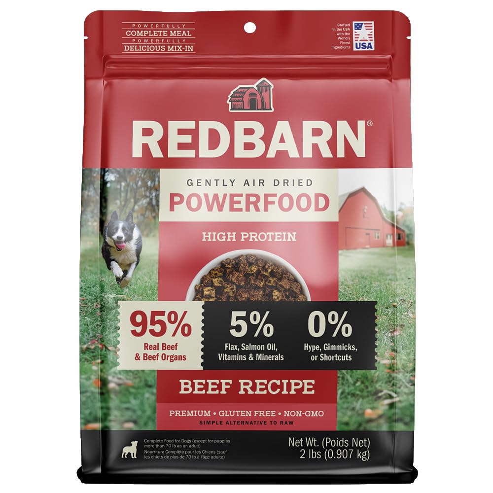 Redbarn Powerfood air-dried dog food bag front view with premium beef ingredients.