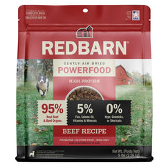 Redbarn Powerfood Air Dried Dog Food beef bag highlights premium protein for active dogs