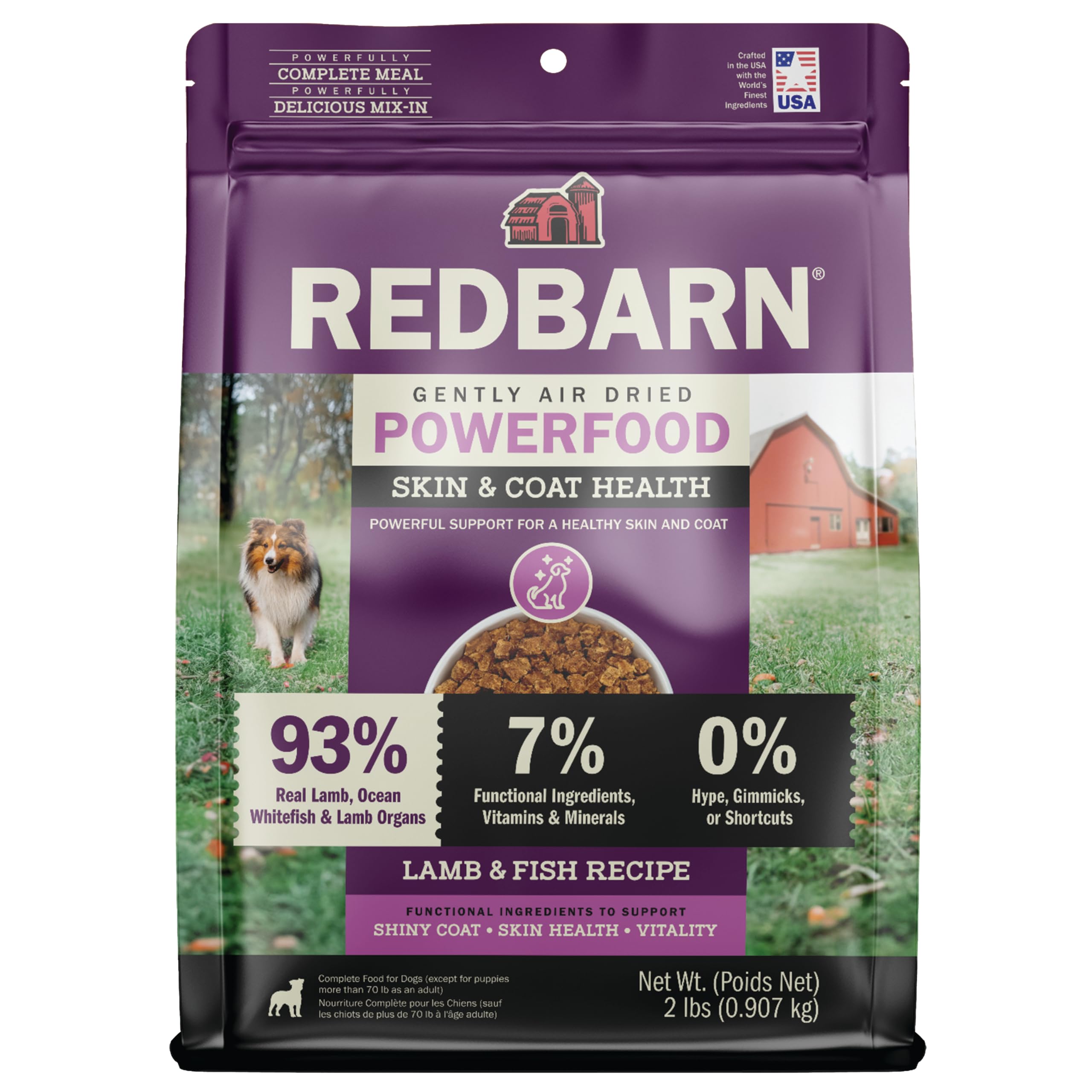 Redbarn Powerfood air-dried dog food bag showing premium lamb and fish formula for adult dogs