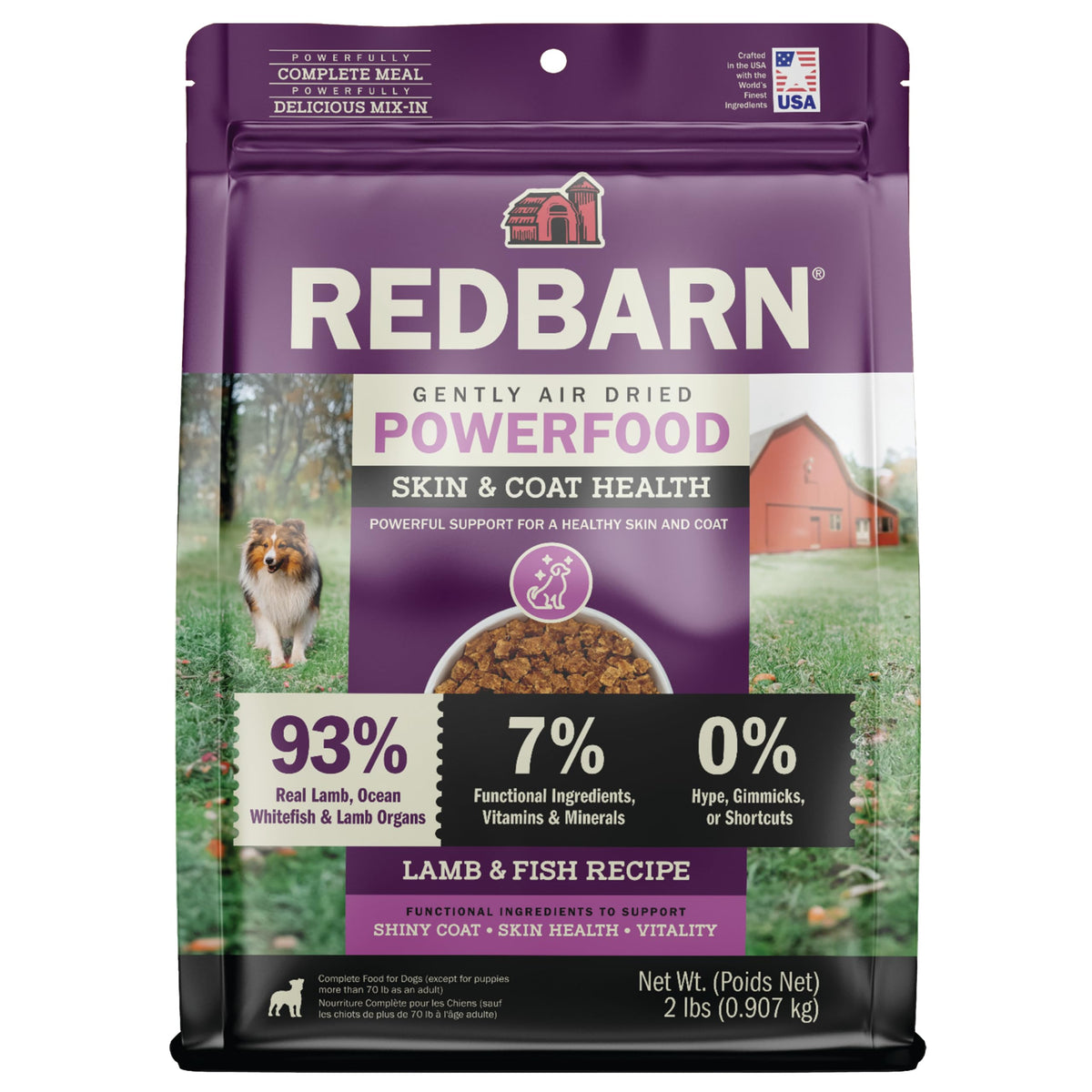 Redbarn Powerfood air-dried dog food bag showing premium lamb and fish formula for adult dogs