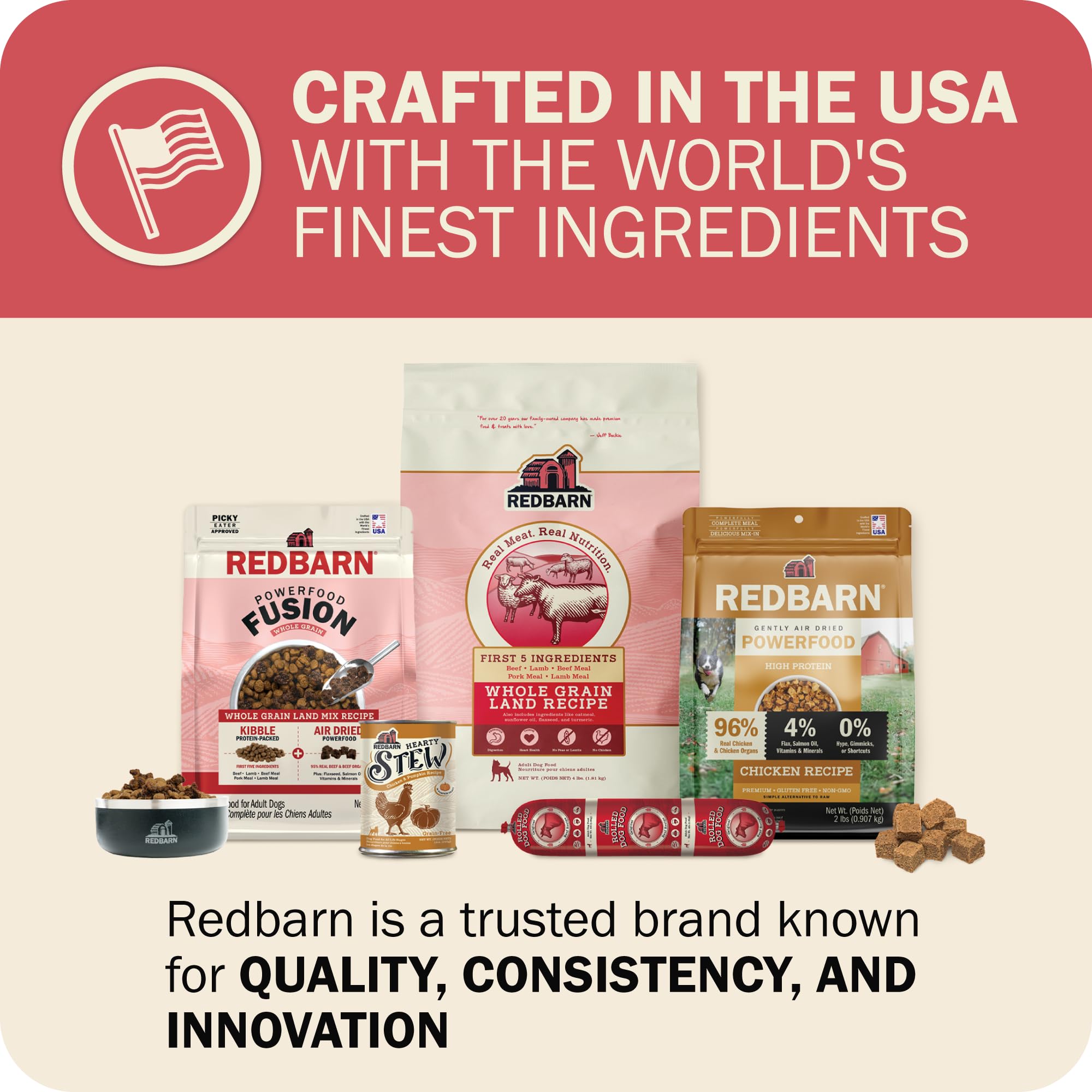 Redbarn Powerfood Fusion all life stages formula designed for versatile feeding