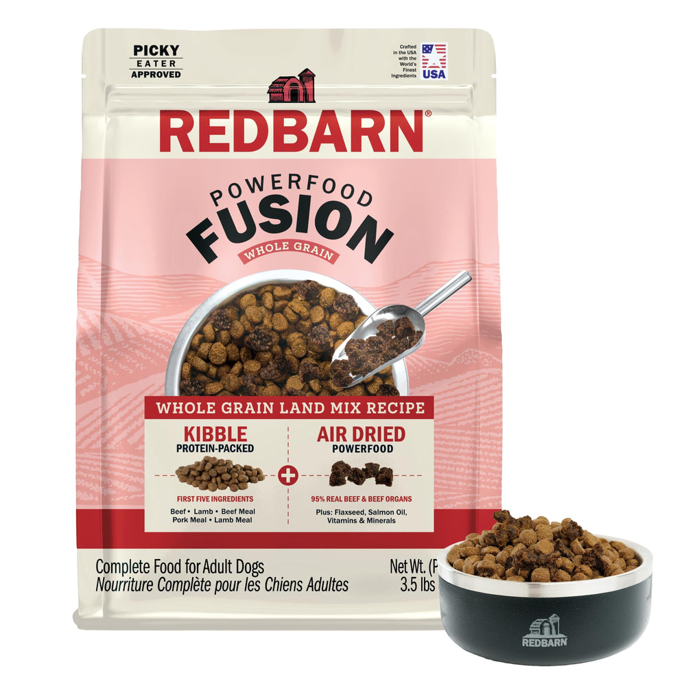 Redbarn Powerfood Fusion bag front highlights premium dry dog food for all life stages