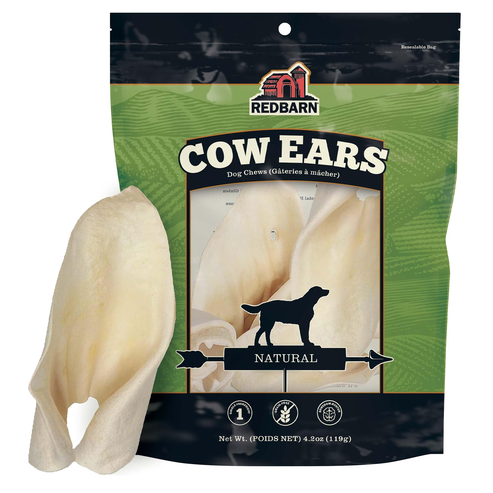 Redbarn Premium Cow Ears 9-count pack shown, a simple ingredient chew for dogs.