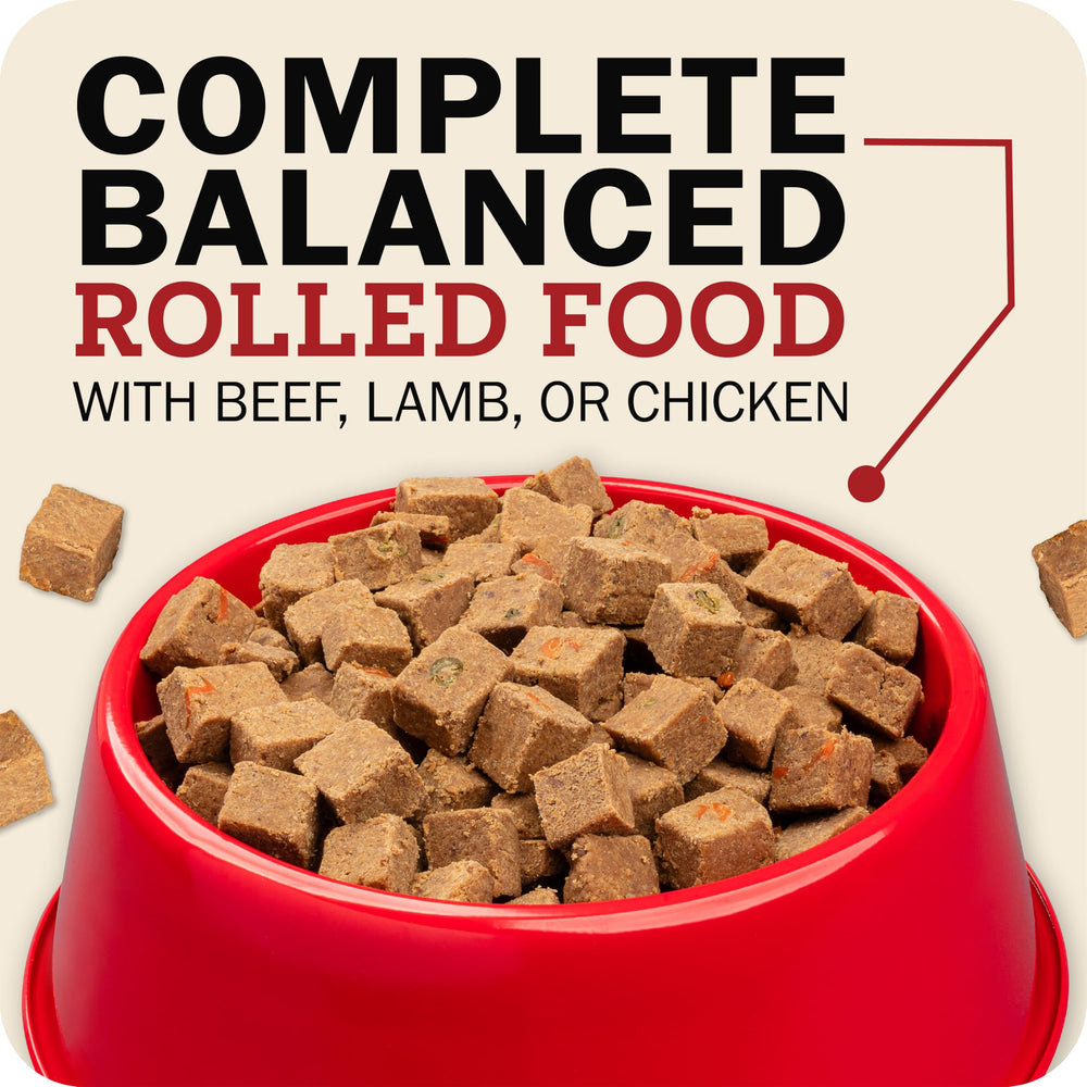 Redbarn Rolled Food Beef pour demonstrates easy topping or meal mix option