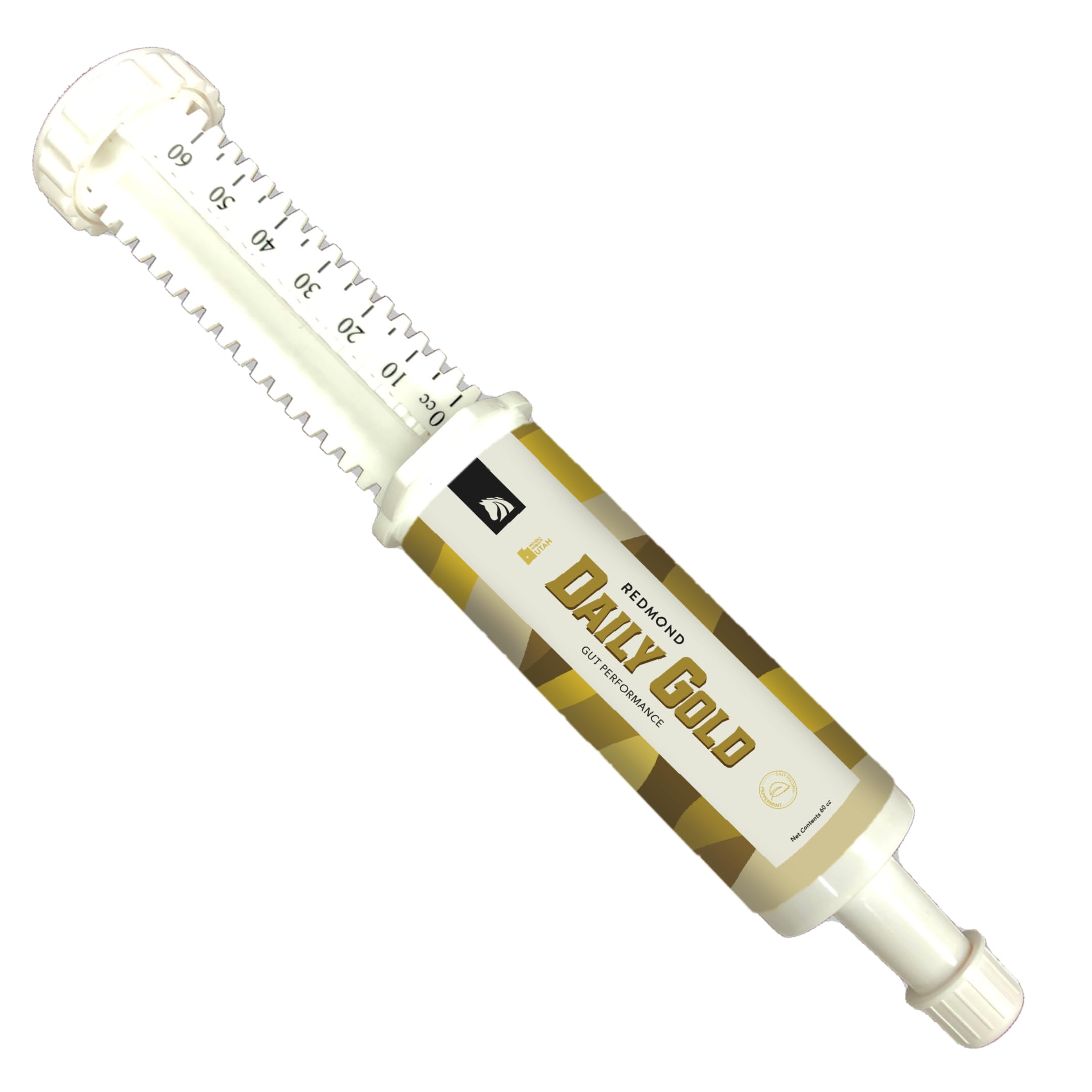 REDMOND Daily Gold syringe used on a horse during travel for digestive comfort.