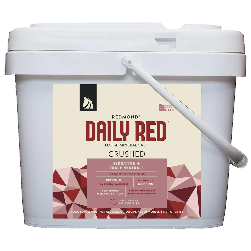 Redmond Rock Crushed mineral salt bag image showing easy feeding and hydration support.