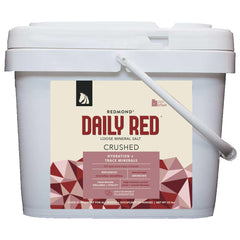 Redmond Rock Crushed mineral salt bag image showing easy feeding and hydration support.