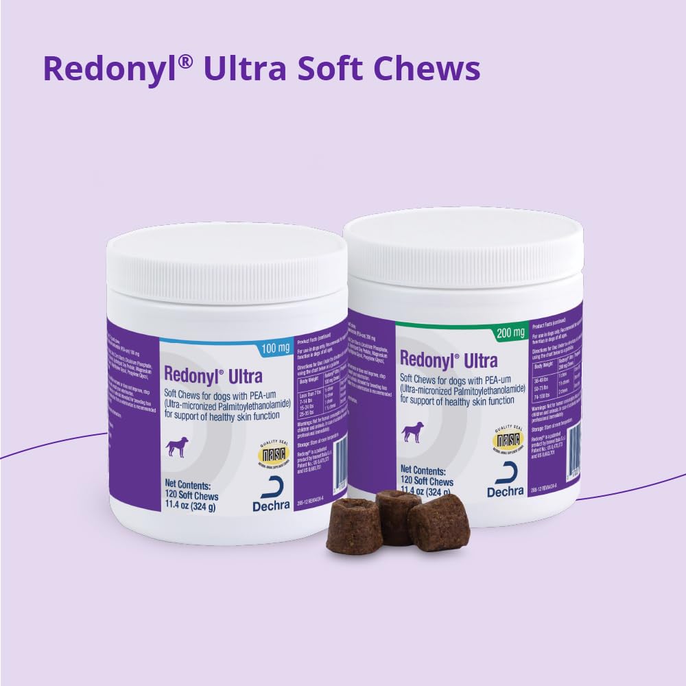 Redonyl Ultra Soft Chews in a dog bowl; convenient daily supplement.