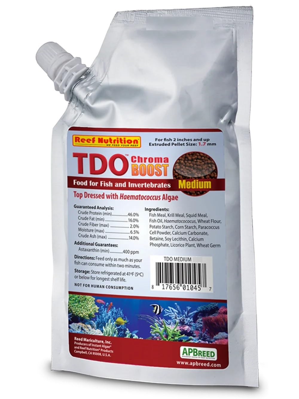 Reed Mariculture TDO Chroma Boost pellet close-up, supports balanced nutrition for healthy growth.