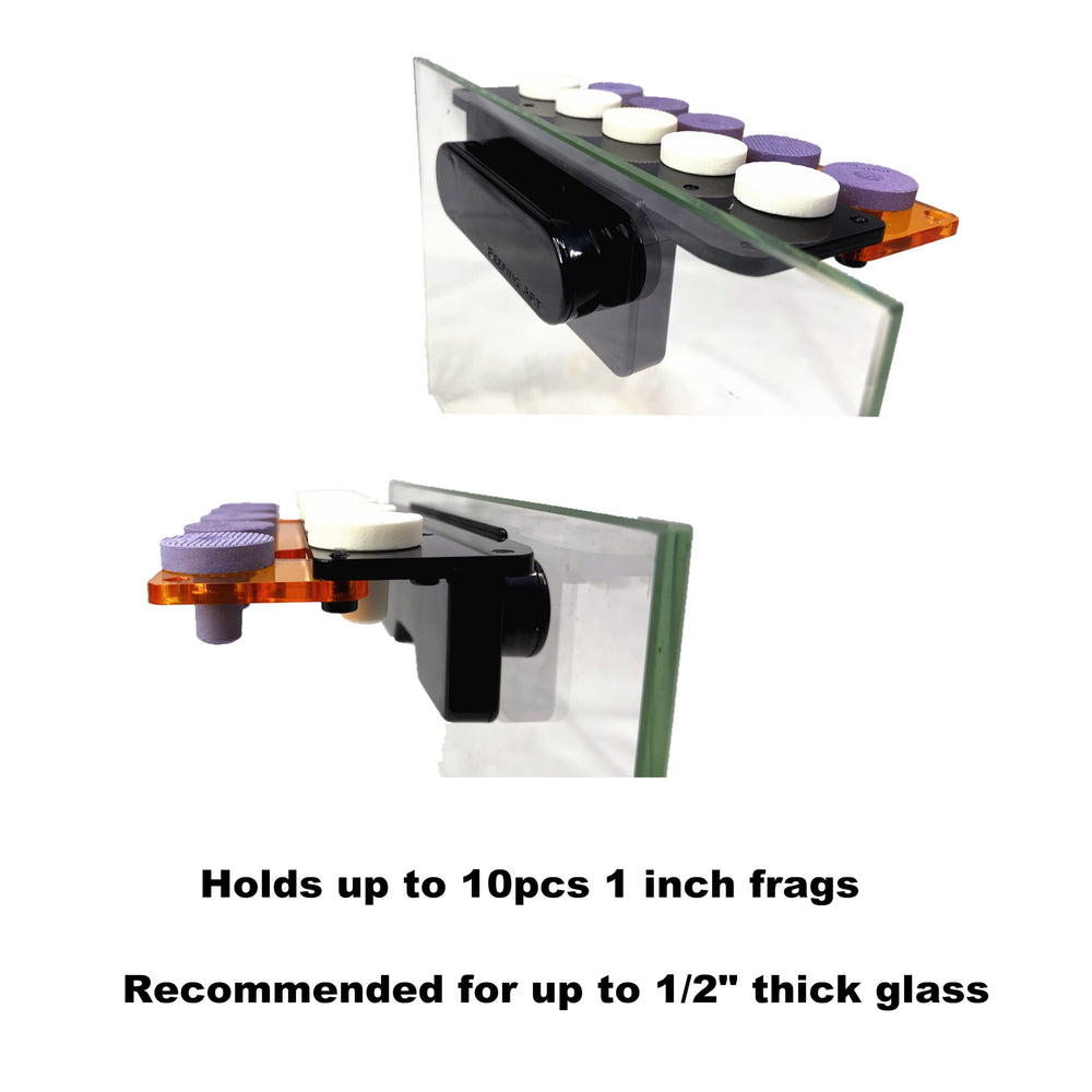 Reefing Art adjustable locking system adapts to frag plugs 3/8 to 1/2 inch bases.