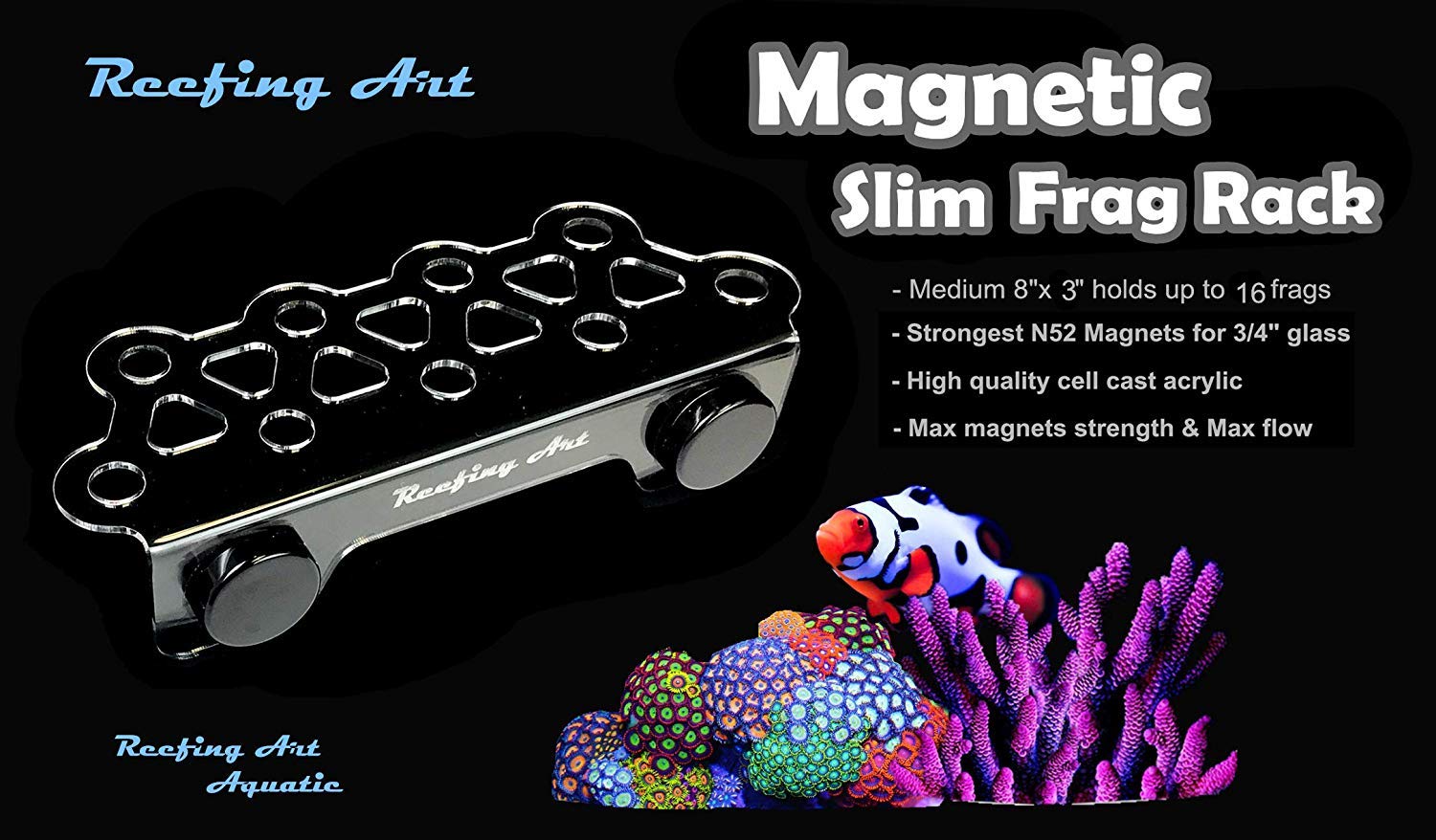 Reefing Art crystal-clear frag rack shows corals colors with waterproof N52 magnets.