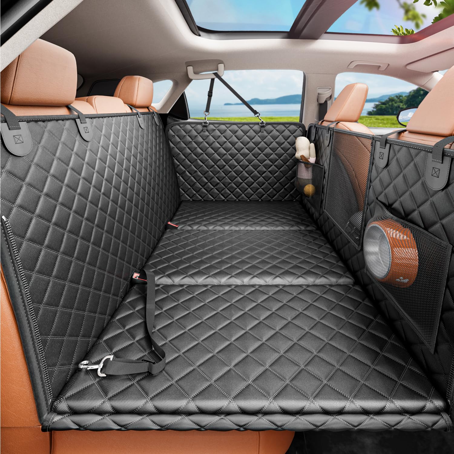 REEVAA 2.0 hard bottom back seat extender providing stable support for large dogs.