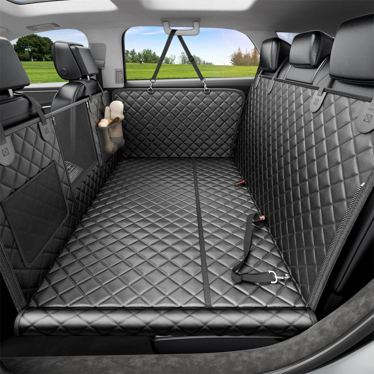 REEVAA dog car seat cover with 25 inches expandable hammock protects back seat and space