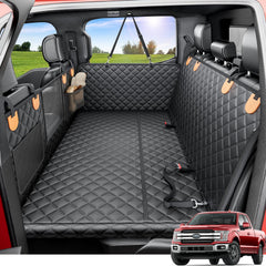 REEVAA dog truck seat cover showing bridge design across rear seat for spacious seating
