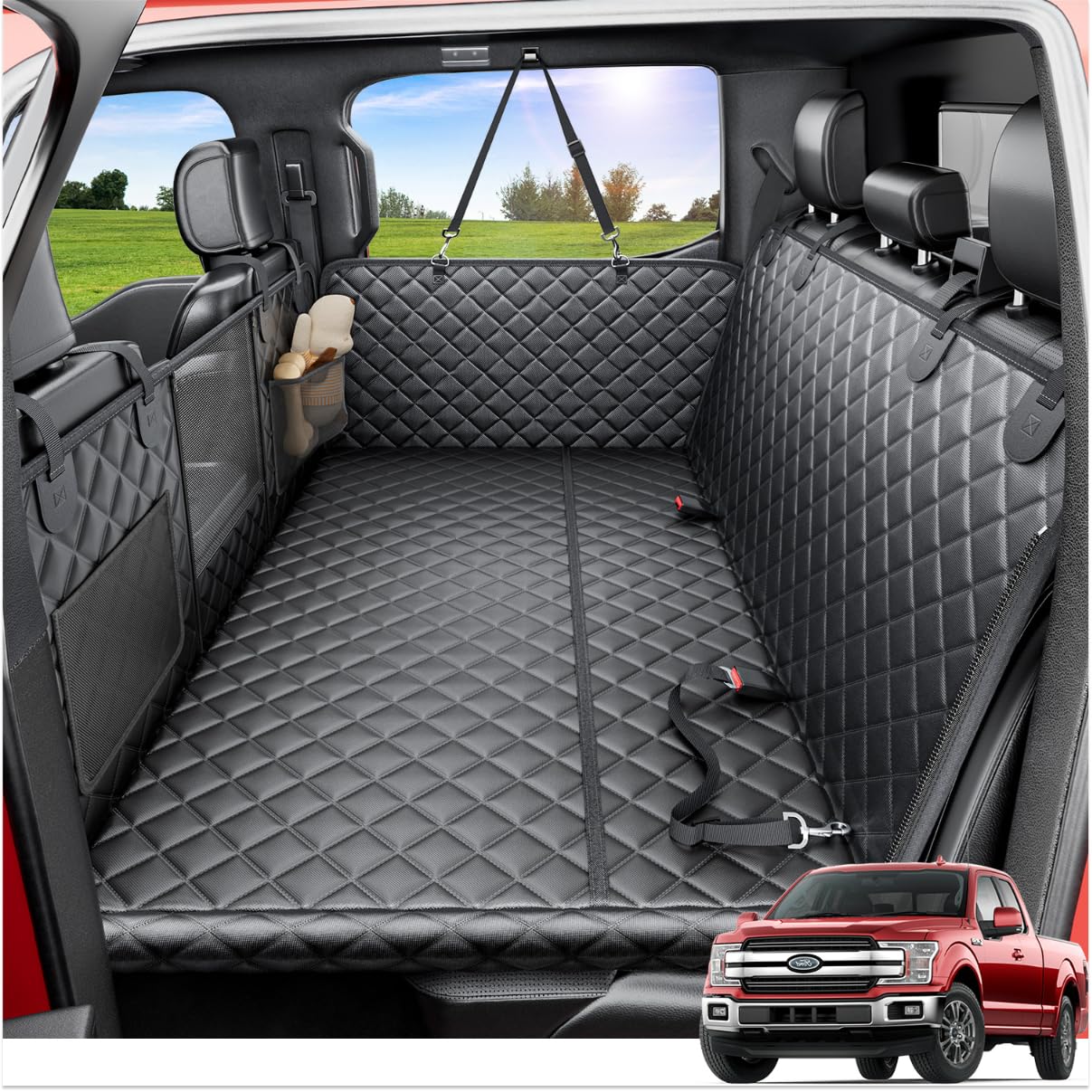 REEVAA dog truck seat cover XL wide protects back seat for large dogs on road trips.