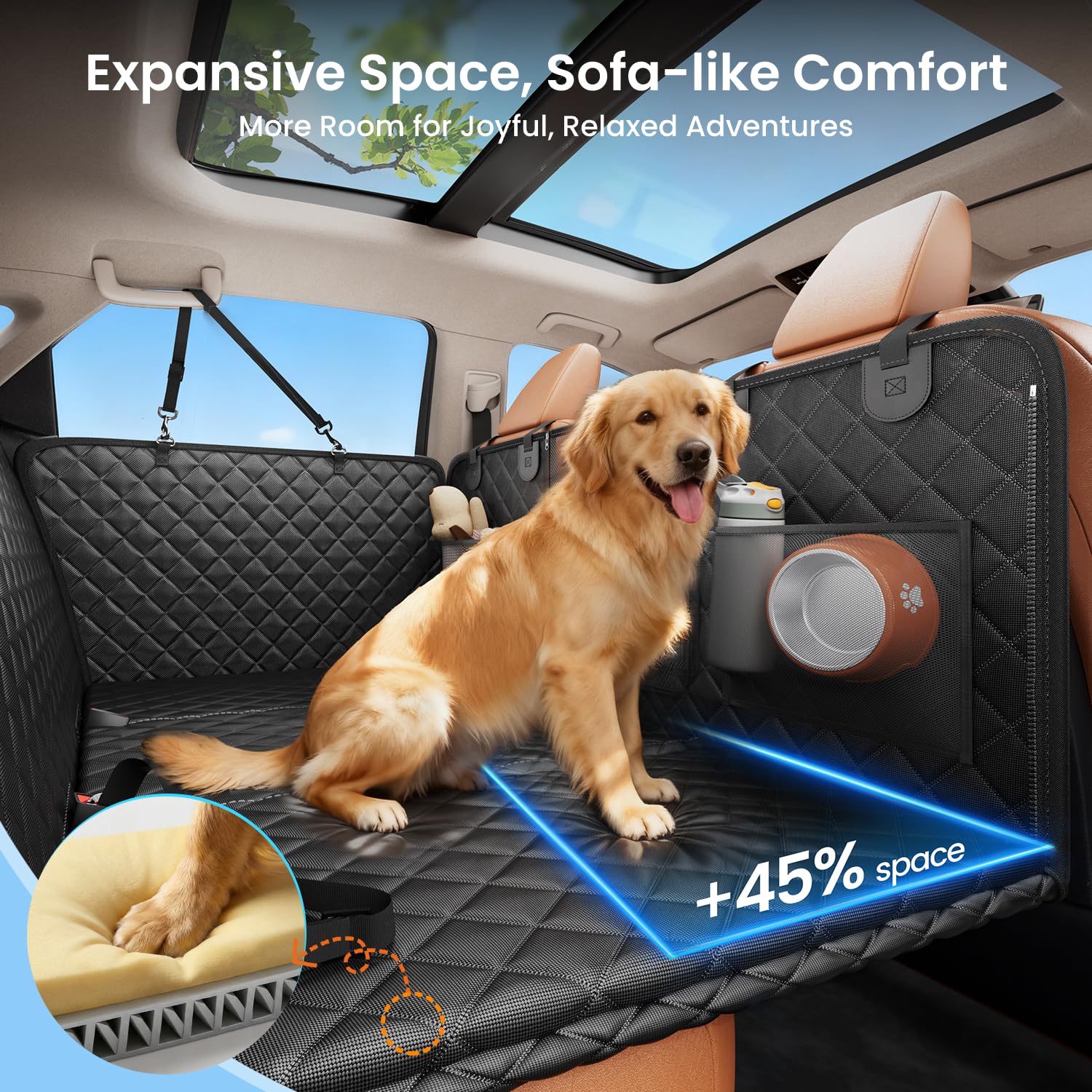 Mesh window on REEVAA promotes airflow for calmer dogs during travel.