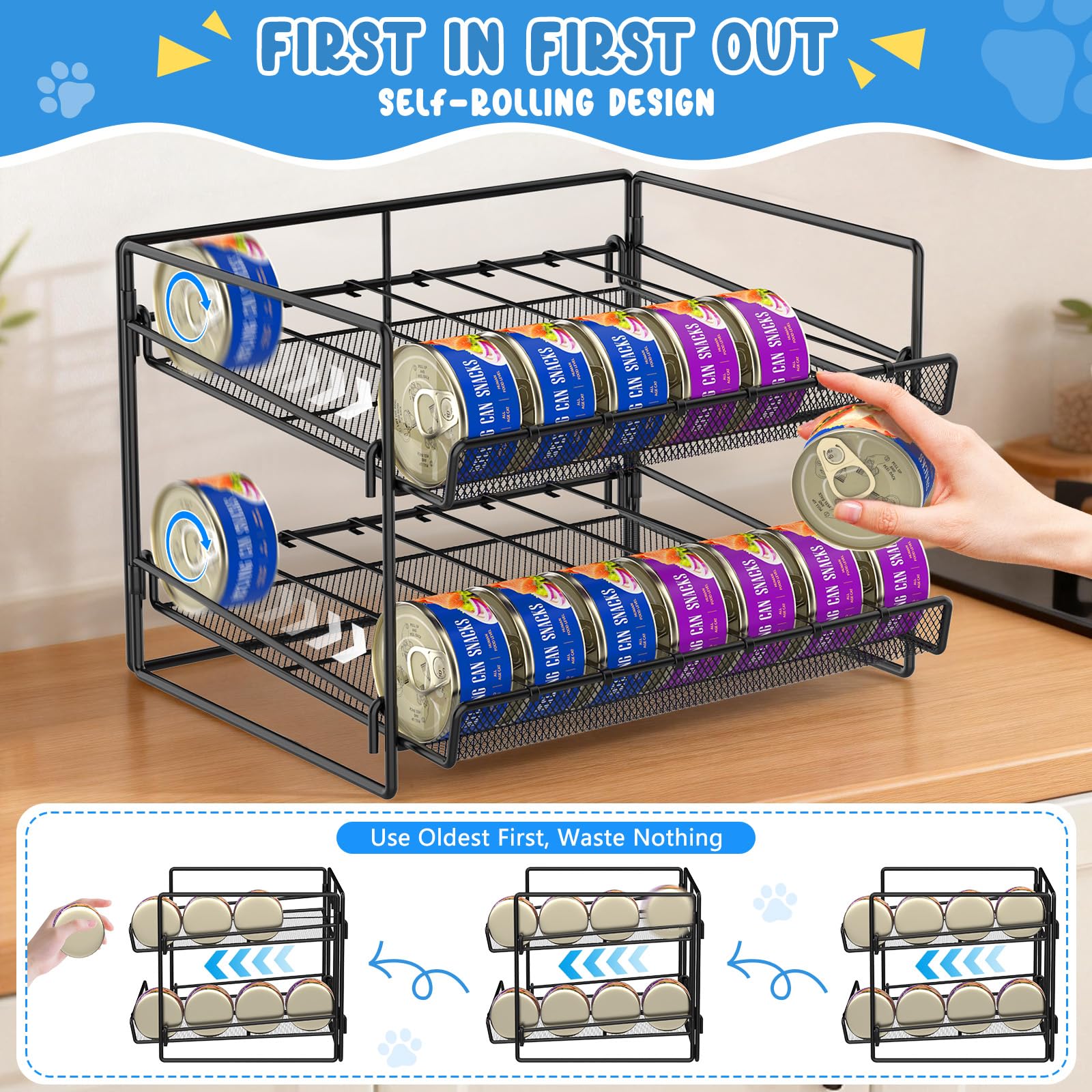 REFLYING adjustable width can organizer adapts to tall and short cans for flexibility