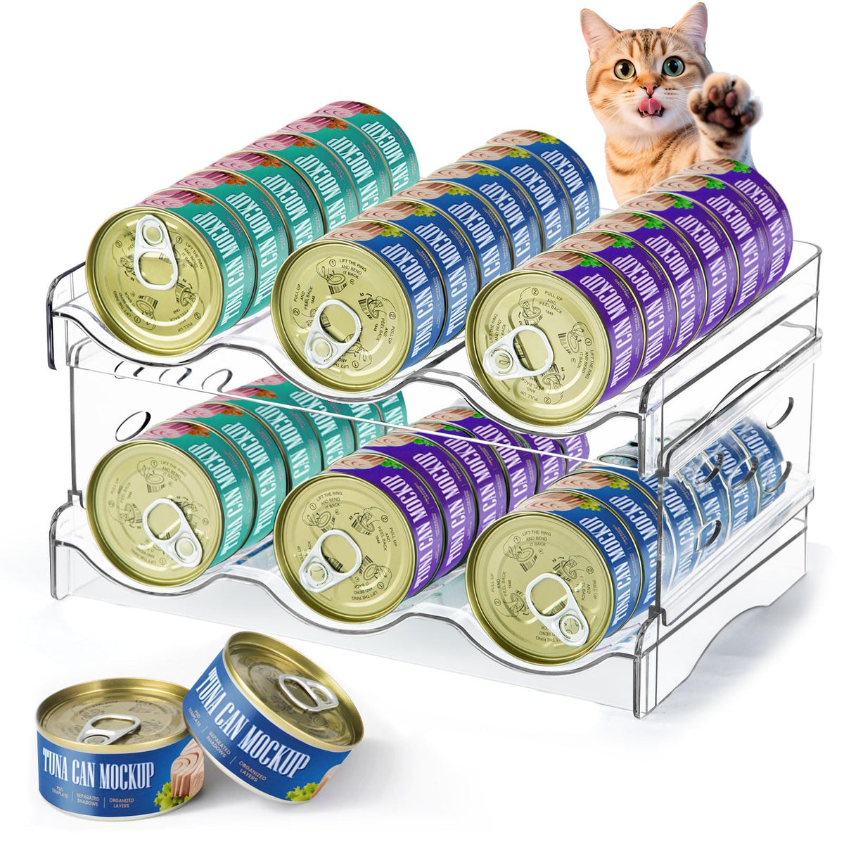 REFLYING cat can organizer with two-layer clear design keeps cans visible and accessible.