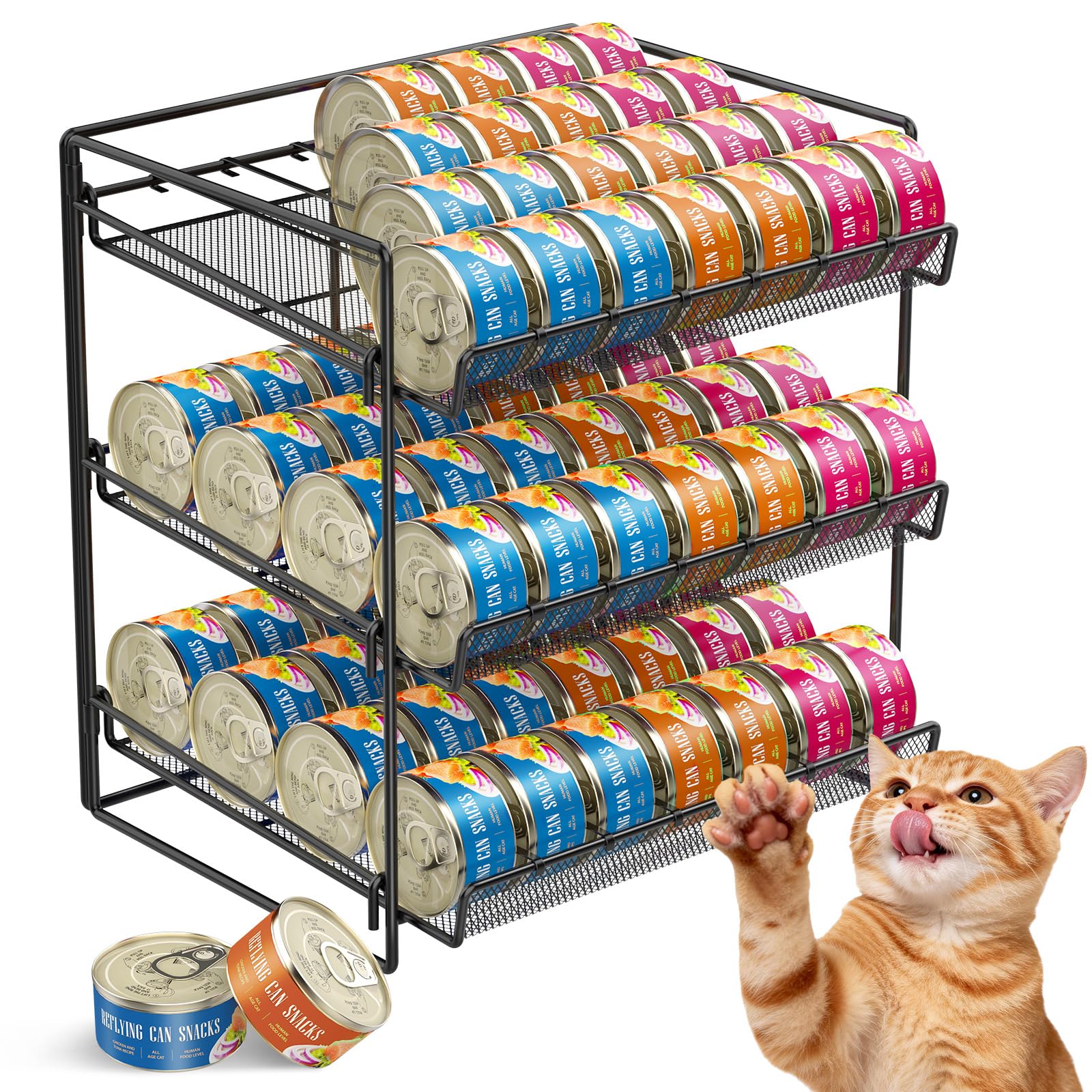Reflying 3-tier cat food can organizer front view keeps cans organized in pantry.