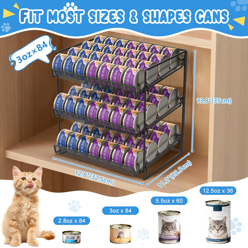 Reflying 84-cans capacity rack demonstrates high storage for multi-cat homes.
