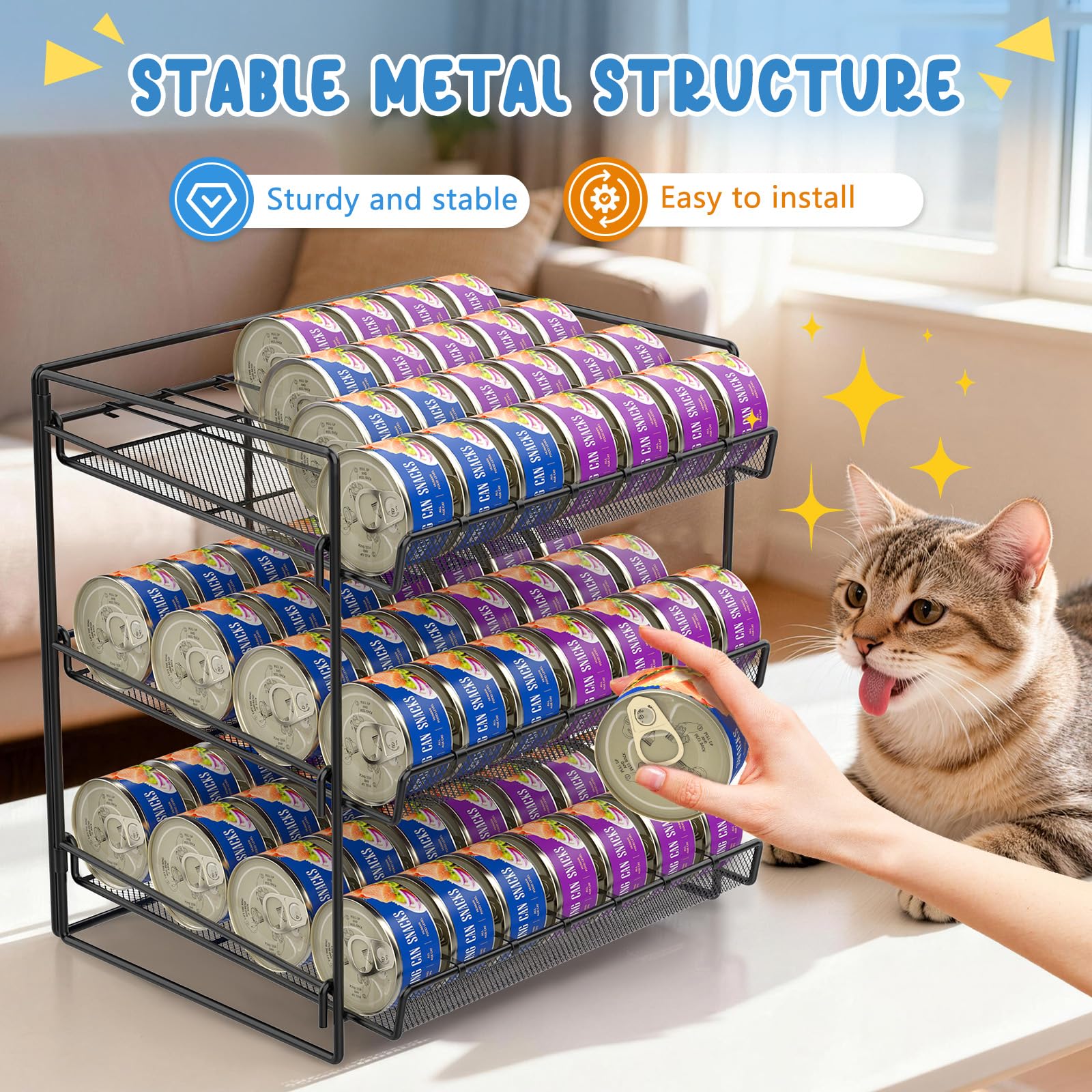 Reflying adjustable-width cat can organizer side view shows flexible fit for varied cans.