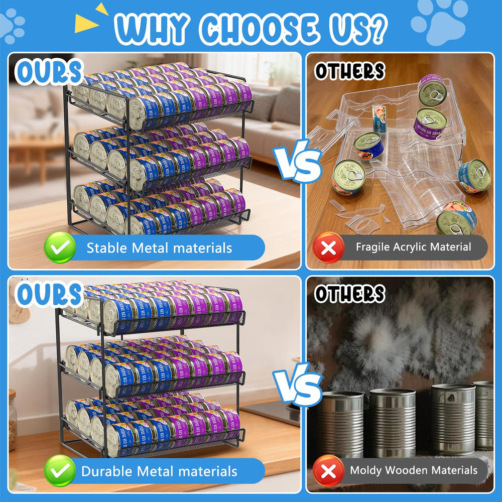 Reflying cat food can organizer assembly setup showcasing sturdy metal rack.