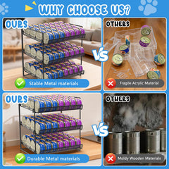 Reflying cat food can organizer assembly setup showcasing sturdy metal rack.